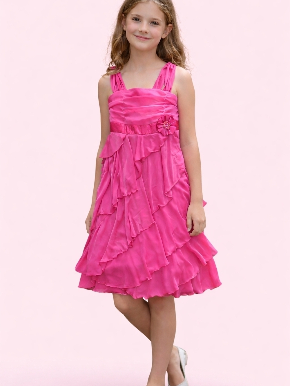 AMY BYER Hot Pink Satin Cascade Bow Tie Waist Ruffle Dress